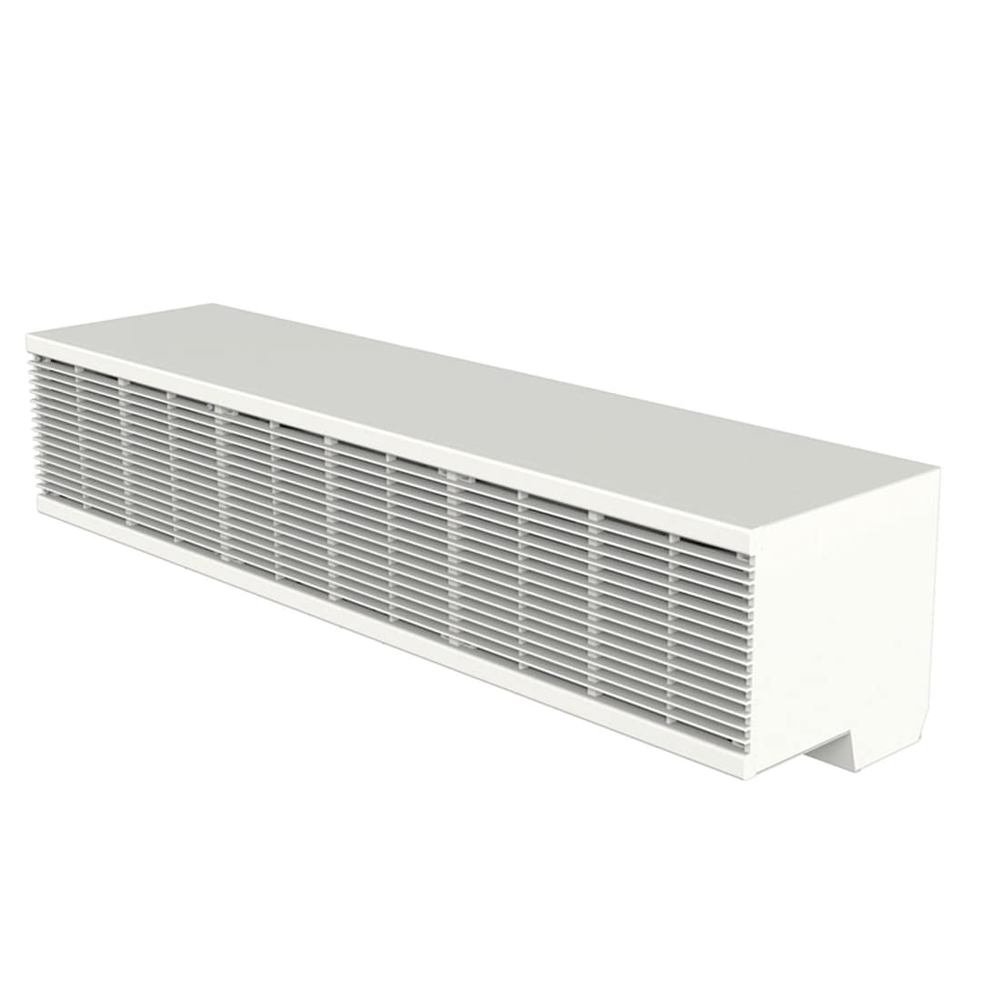 White industrial air curtain unit with horizontal louvres.