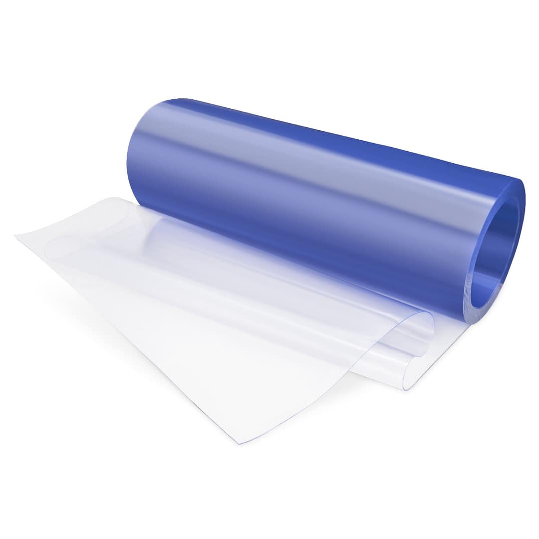 A roll of standard clear PVC sheet with a blue protective tint.