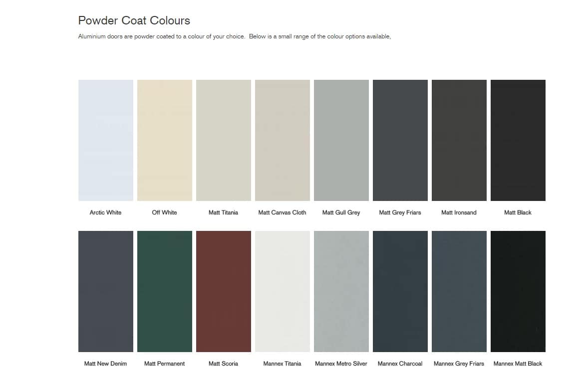 Grid showing sixteen powder coat colour swatches for aluminium doors.