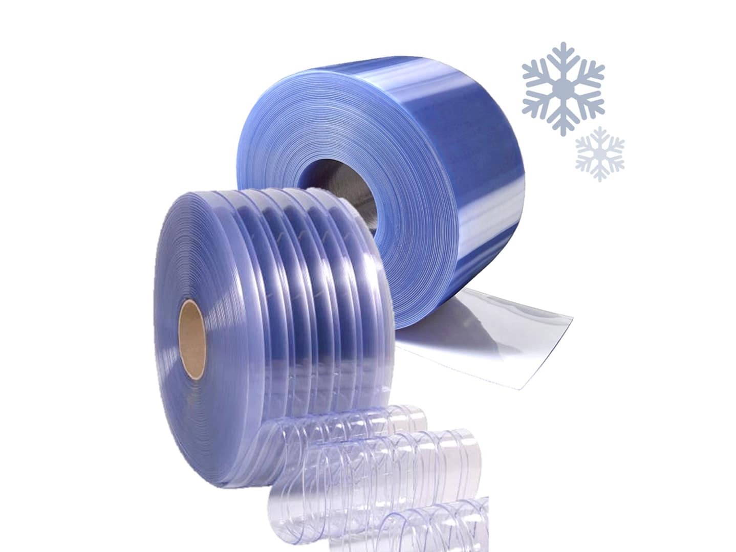 Rolls of clear and blue tinted PVC strip curtain material for cold storage.