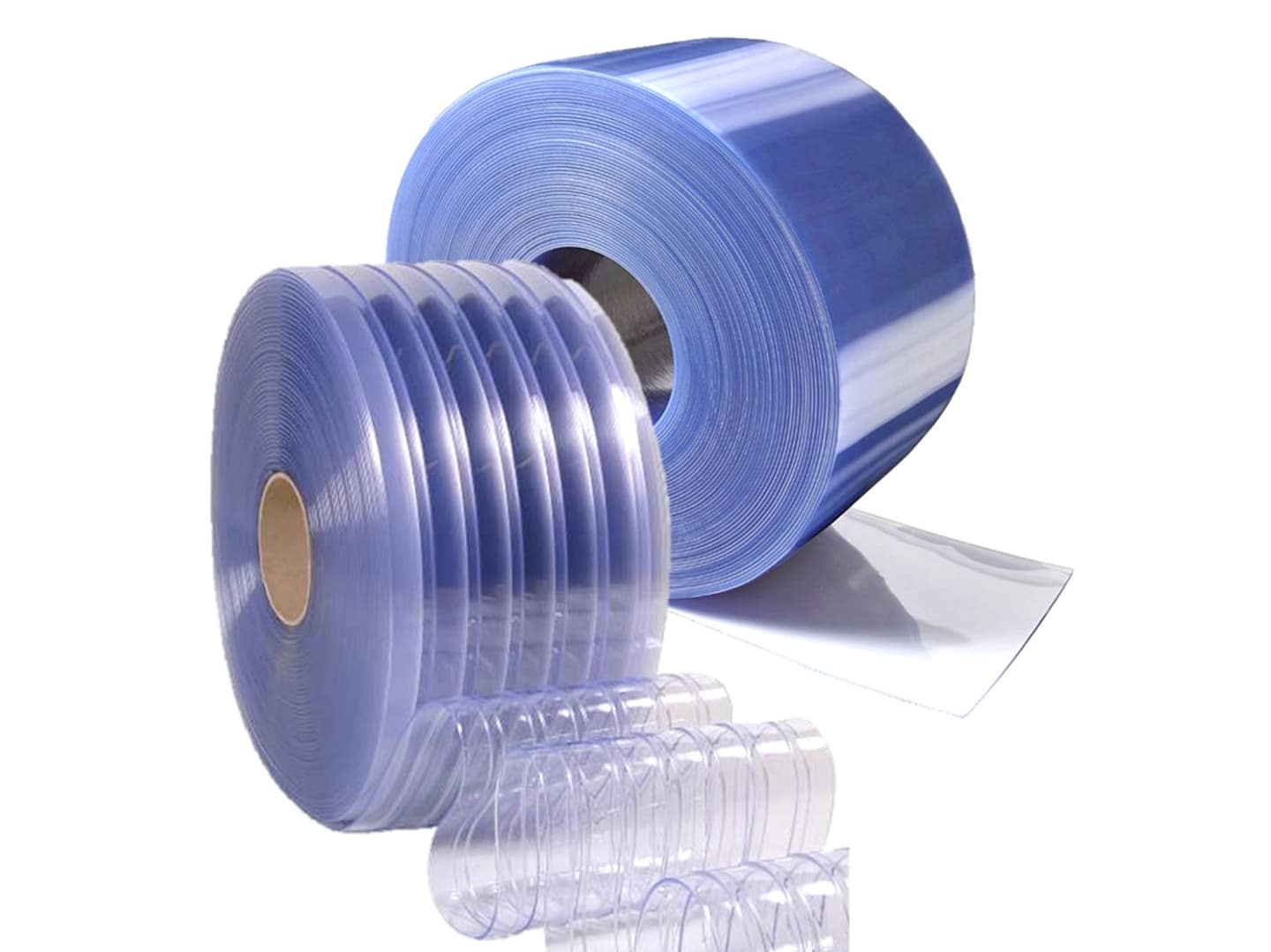 Rolls of clear and blue-tinted PVC strip curtain material.
