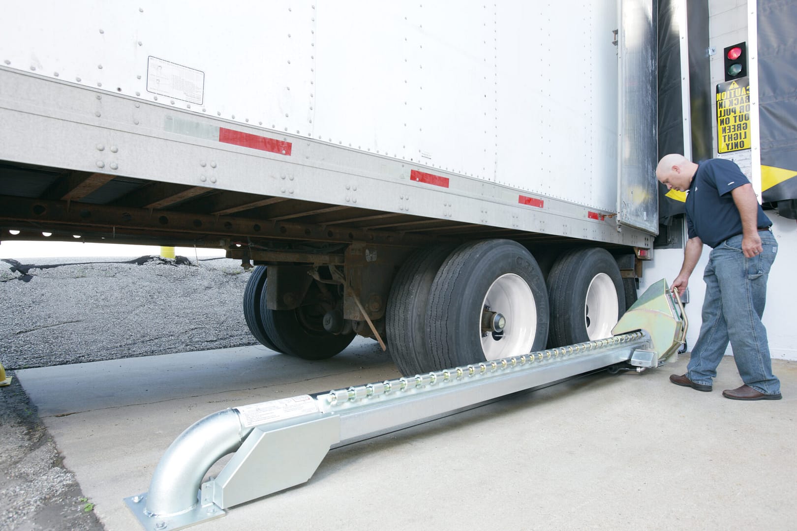 Rite-Hite wheel lock securing a truck tyre at a loading dock.