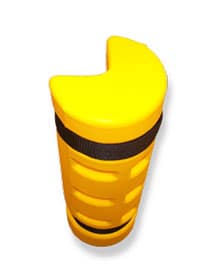 Yellow plastic column protector with black securing straps.