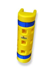 Yellow and blue plastic column protector for industrial warehouse racking.