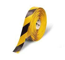 Roll of yellow and black diagonal striped hazard warning tape.