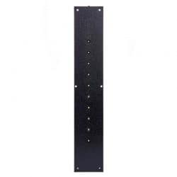 Black vertical mounting plate with pre-drilled holes for industrial door hardware.
