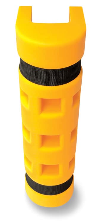 Yellow Rack Sentry column protector with black nylon straps.