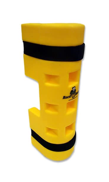 Yellow Rack Sentry cutout protector with black straps.