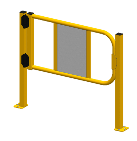 Yellow industrial pedestrian safety gate with grey infill panel and floor mounts.