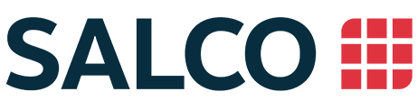 Salco logo in dark blue text with a red grid icon on a black background.