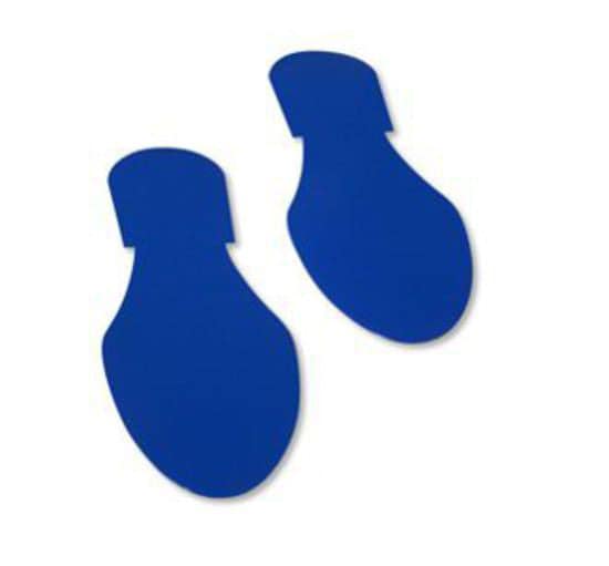 Two blue adhesive floor markers in the shape of footprints.