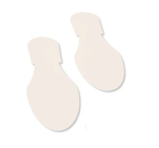 Two white adhesive floor markers in the shape of footprints.