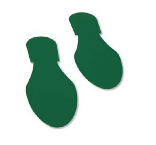 Two green footprint floor markers for pedestrian safety and wayfinding.