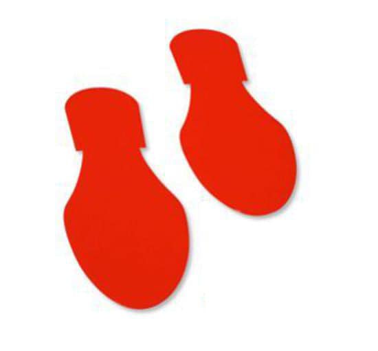 Two red footprint floor markers for industrial safety and wayfinding.