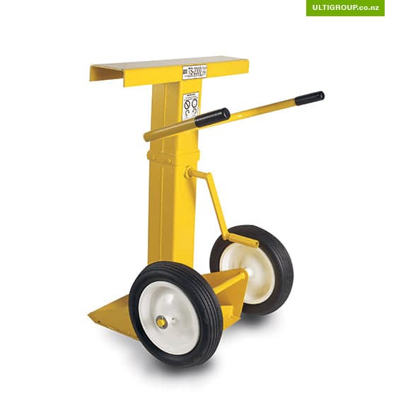 Yellow mobile trailer jack stand with wheels and manual crank handle.