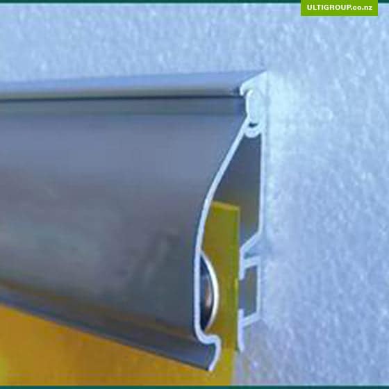 Close-up of a hinged aluminium headrail for PVC strip curtains.