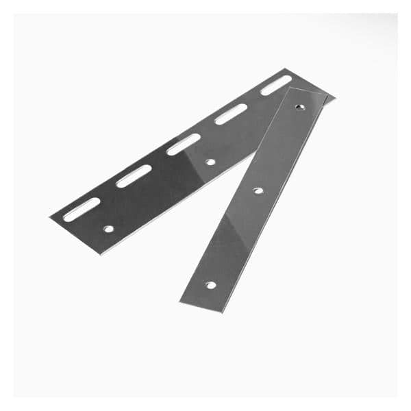 Two stainless steel mounting plates with pre-drilled holes and slots.