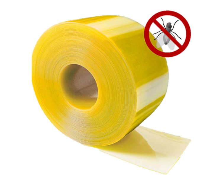 A roll of yellow anti-insect PVC strip for industrial doors.