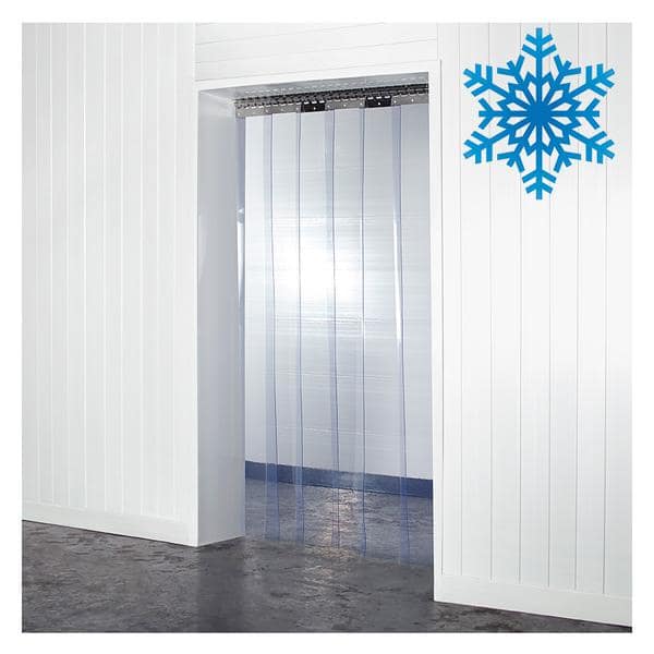 Clear PVC strip curtain installed in a cold storage doorway.