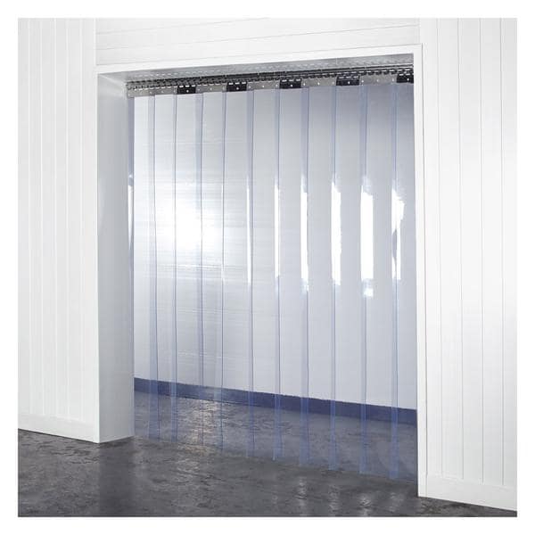 Clear PVC strip curtain installed in a white industrial doorway.