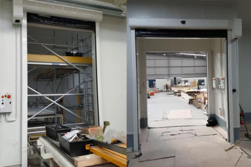 Two high speed industrial doors installed in a warehouse facility.
