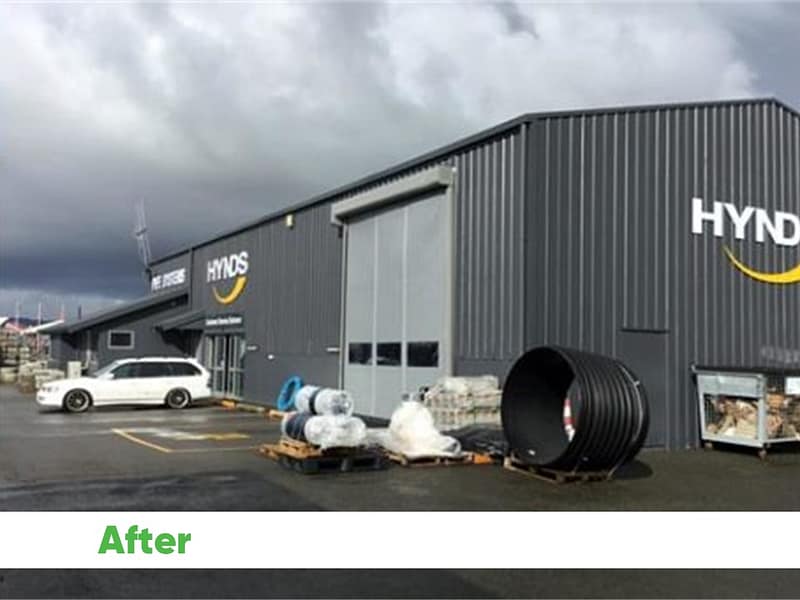 Grey Ulti Fold Door installed on a Hynds industrial warehouse building.