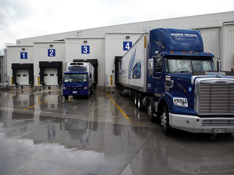 Trucks parked at loading docks with black dock seals and numbered bays.