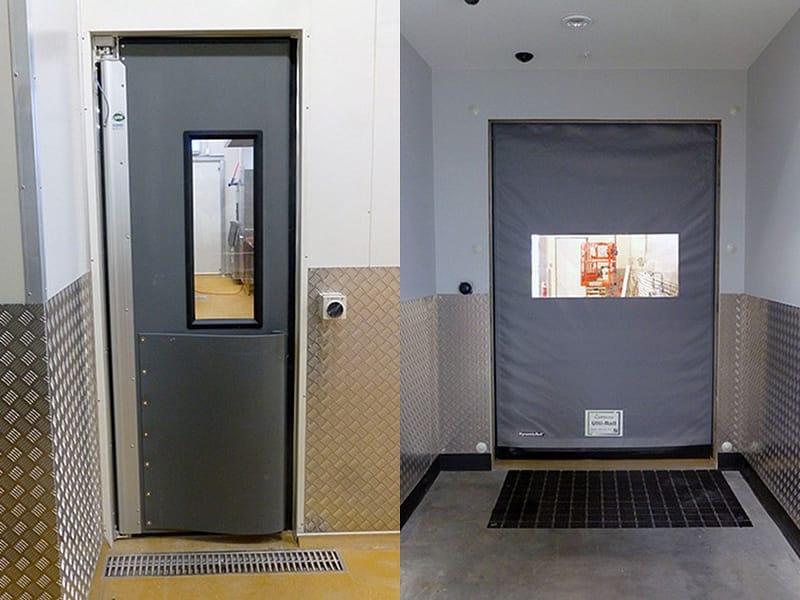 Grey industrial swing door and high speed roll door in a commercial facility.